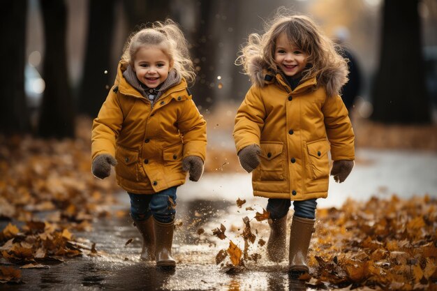 Photo cute girls walking on muddy water in autumn