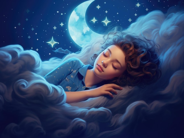 cute girlsleeping in cloud with moon