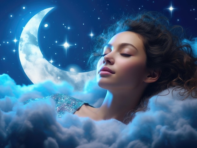 cute girlsleeping in cloud with moon