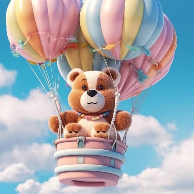 Cute girly bear in a hot air balloon