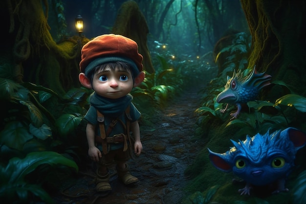 Cute gnome boy traveling in dark forest