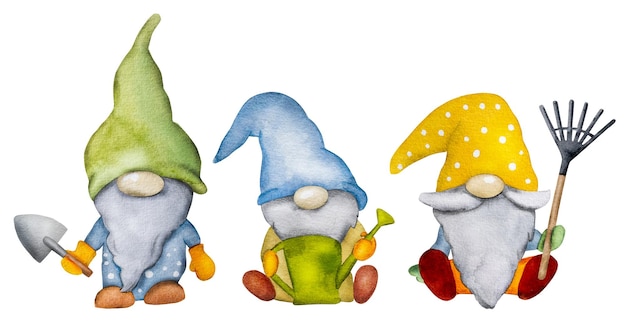 Cute gnome dwarfs with garden tools at autumn watercolor painting Aquarelle cartoon elfs wearing hats