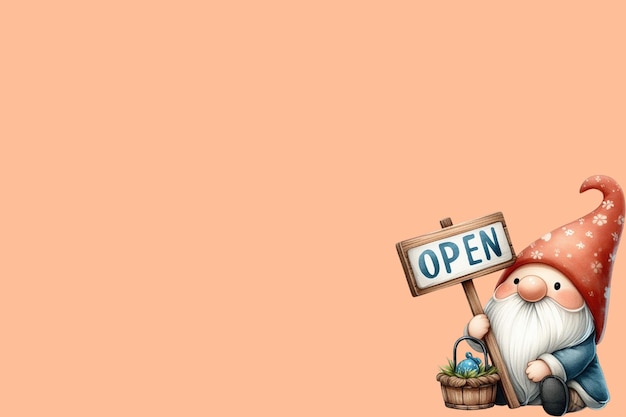 Cute gnome holding open signs peach fuzz background