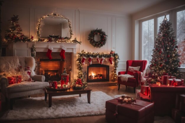 Cute gnomes and Christmas tree in room with festive decorations