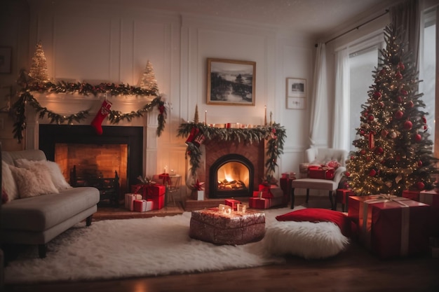 Cute gnomes and Christmas tree in room with festive decorations