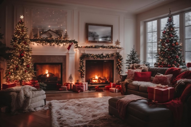 Cute gnomes and Christmas tree in room with festive decorations