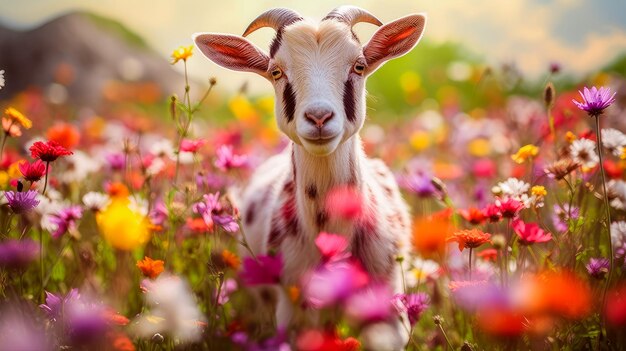 Cute goat in a field with flowers in nature in the suns rays Environmental protection the problem o