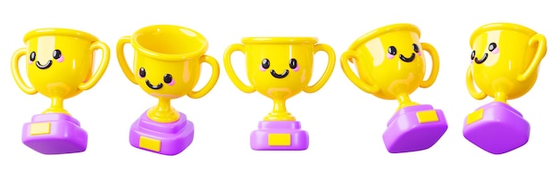 Cute golden cup cartoon trophy character with smiling face and eyes in different angles view d rende
