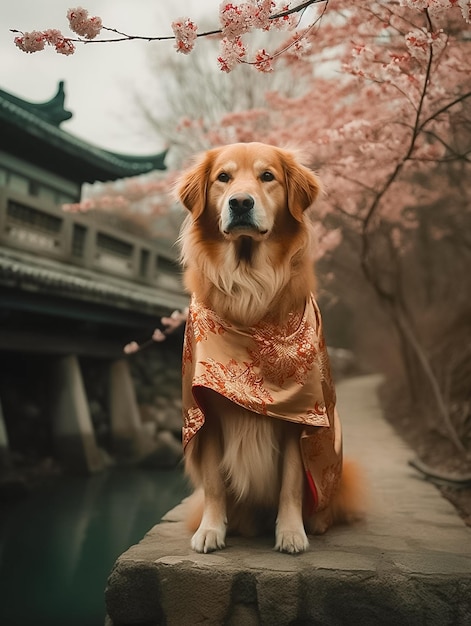 Cute Golden dog wearing kimono outfit ancient Japanese castle and peach blossom Ai generated