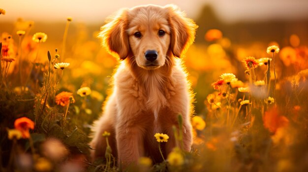 Cute golden retriever dog on the field