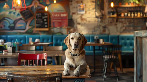 A cute golden retriever dog sits on a chair in a restaurant looking up at the camera with a curious expression