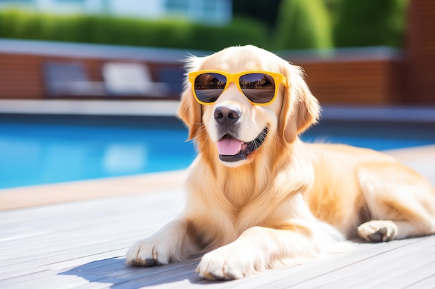 Cute golden retriever dog wearing sunglasses while sitting beside the swimming pool Cute animal