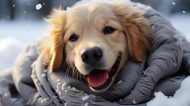 冬の公園のかわいいゴールデンレトリバー犬は暖かい格子縞の幸せなペットでカバーします