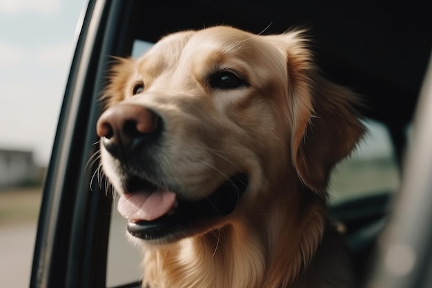 Cute golden retriever looking out of car window closeup AI Generated