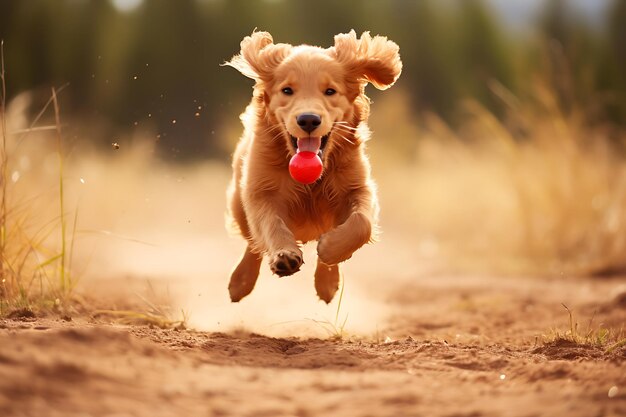 Cute golden retriever playing outdoor and copy space