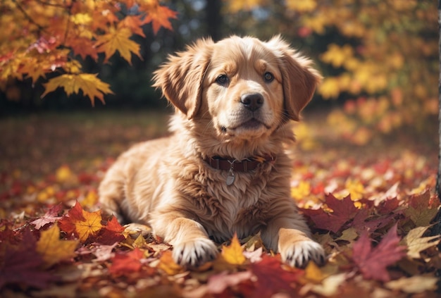 Cute golden retriever puppy in autumn leaves