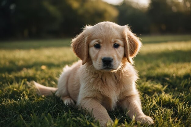 草地に座っている可愛いゴールデン・レトリバーの子犬