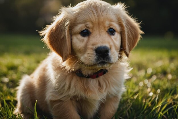 a cute Golden Retriever puppy sitting on a grass ground