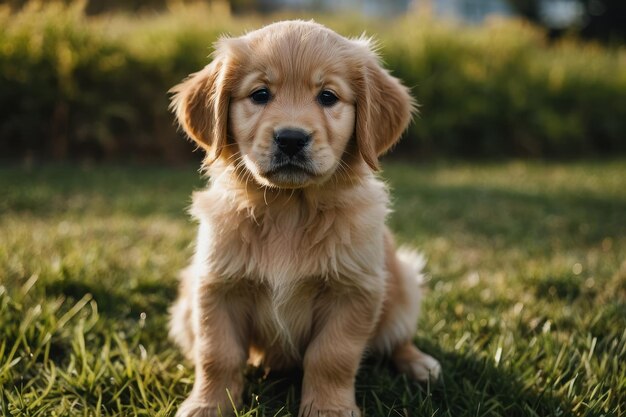 a cute Golden Retriever puppy sitting on a grass ground