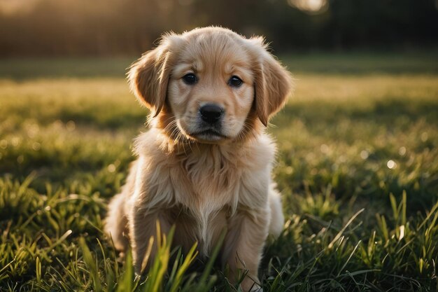 a cute Golden Retriever puppy sitting on a grass ground