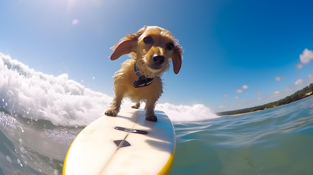 Photo cute golden retriever puppy surfing on surfboard in ocean
