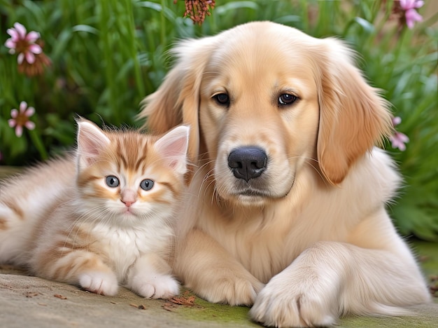 Cute Golden retriever puppy with a small kitten photograph