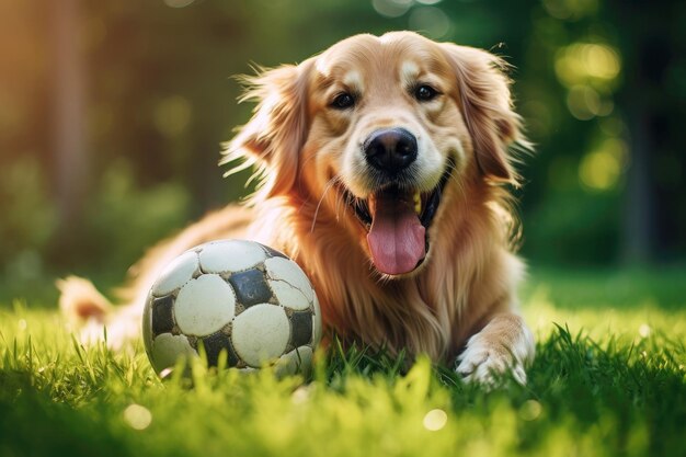 サッカーボールを持って公園の芝生でリラックスしている可愛いゴールデンレトリバー