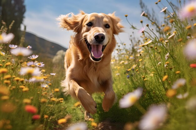 Foto simpatico golden retriever che corre in un campo di fiori in estate gioia felice e giocosa ia generativa