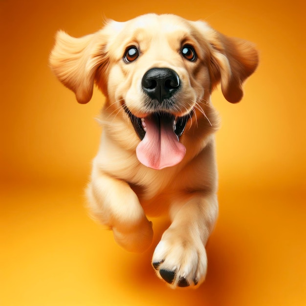 The cute Golden Retriever runs with his tongue hanging out and big bulging eyes isolated on a color background
