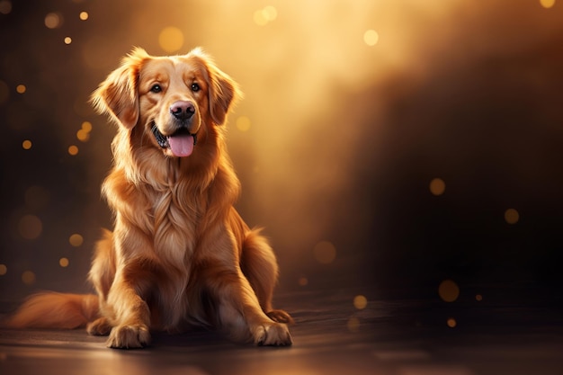 Cute golden retriever with full body and glowing background