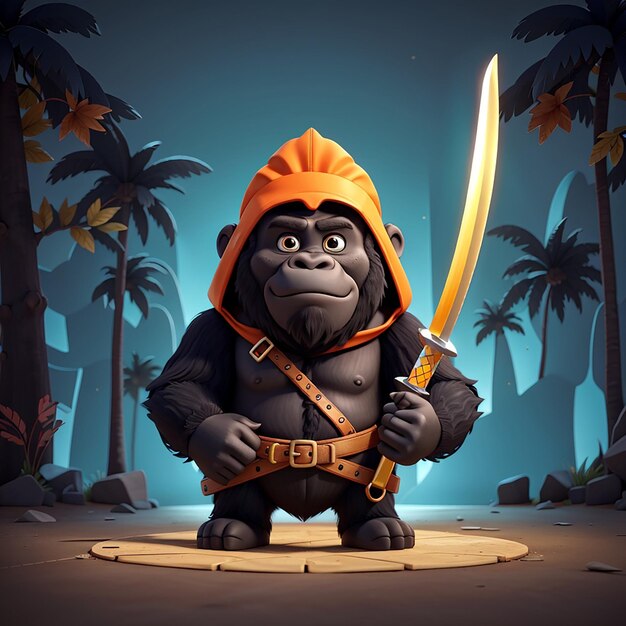 Cute gorilla ninja with sword cartoon vector icon illustration animal holiday isolated flat vector