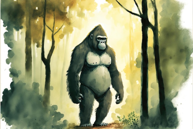 Cute gorilla standing in the middle of the forest Watercolor painting