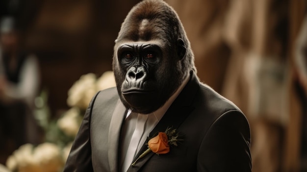 Симпатичная горилла в костюме на свадьбе