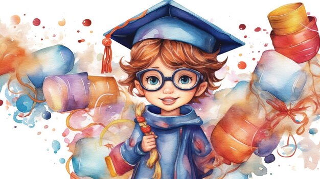 Photo a cute graduation young girl cartoon style create with generative ai