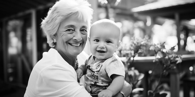 Cute grandma outdoors in patio with smiling baby