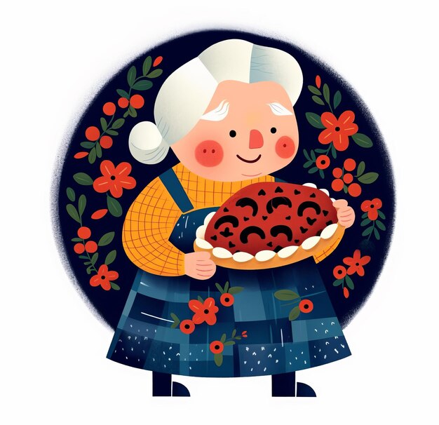 cute grandmother in a folk costume with floral ornament flat simple illustration decorative