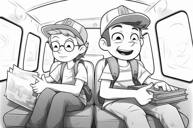 Photo cute gravity falls coloring page of two laughing boys on the bus