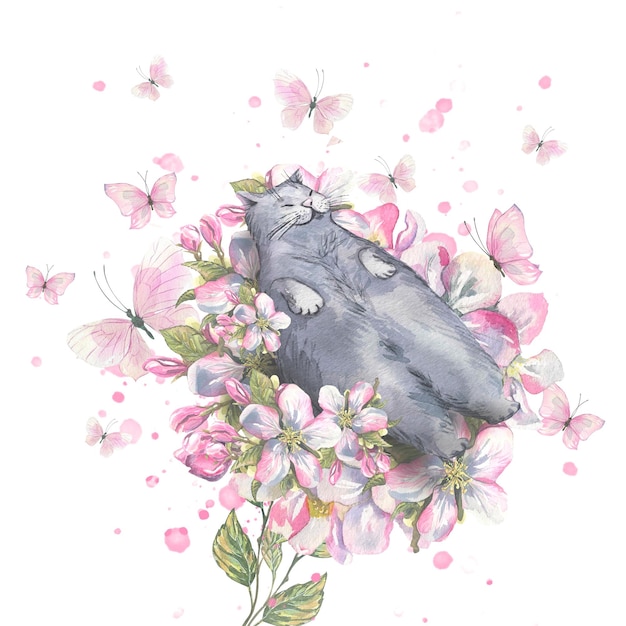 Cute gray cat lying on the flowers of an apple tree with butterflies In lilac and pink colors Watercolor illustration spring delicate composition For the design of postcards posters souvenirs