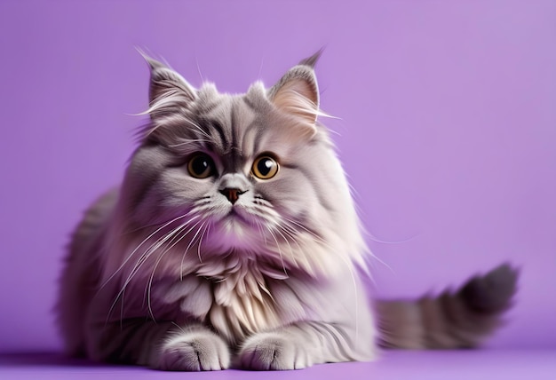 Cute gray cat sitting on a light purple background