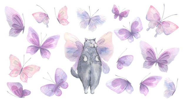 보라색 분홍색과 라일락 나비가 있는 귀여운 회색 고양이 수채화 그림 손으로 그린 장식 및 디자인을 위한 흰색 배경에 격리된 개체의 큰 세트