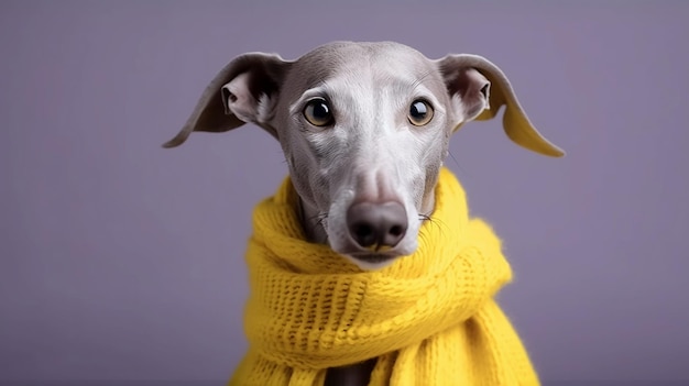 Cute gray dog breed whippet in a yellow knitted scarf on a lilac background portrait generative AI