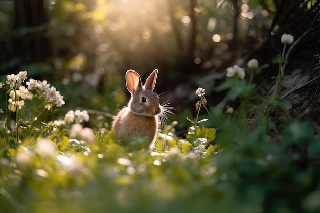 Cute gray hare in the forest