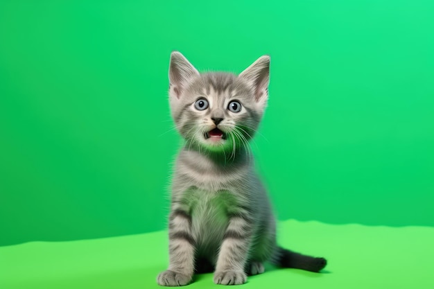 Cute gray kitten playing and jumping isolated on green screen sitting and looking up on chroma key b