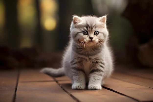 Cute Gray Kitten Standing On A Wooden Flooring