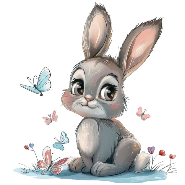 Cute gray rabbit with butterflies