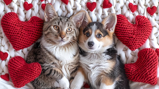 cute gray tabby cat and corgi dog celebrating valentines day lying on a white bed surrounded by kni