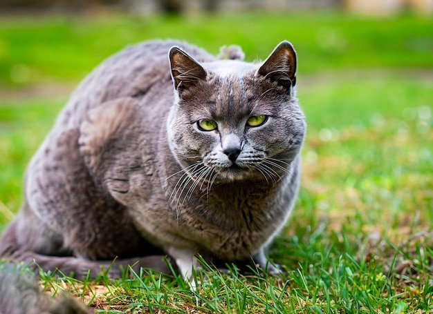 素敵な灰と白の猫が外にいる