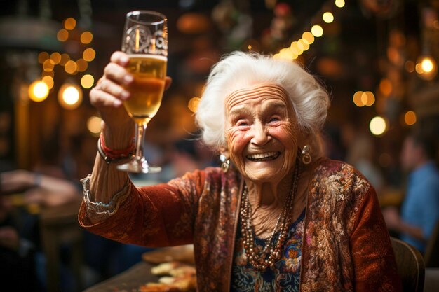 A cute grayhaired elderly woman raises a glass of beer