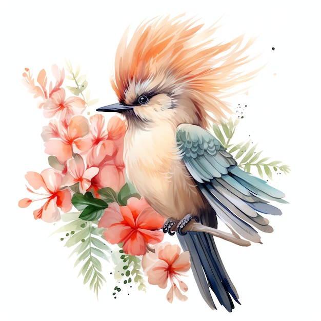 Cute Great crested flycatcher bird watercolor illustration clipart