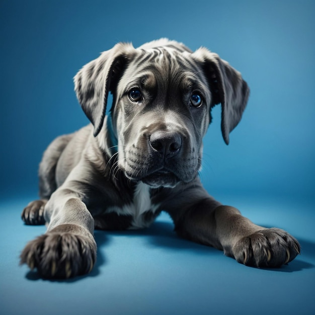 Cute Great Dane puppy on blue background